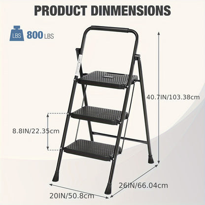 Heavy-Duty 2-3 Step Folding Ladder - 800lbs Steel Construction, Wide Anti-Slip Pedal, Lightweight Portable Design, Ideal for Home and Industrial Use - Black