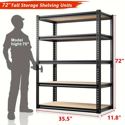 72" Heavy Duty Garage Shelving - 5-Tier Metal Storage Unit, 2000LBS Capacity, Adjustable Shelves for Craft, Warehouse, Pantry, Basement ( 72'' x 35.5'' x 11.8'' )