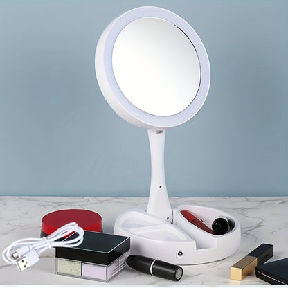 LED Lighted Makeup Mirror with 1/10X Magnification – Round, Illuminated, Foldable, Portable Beauty Mirror with Storage Box