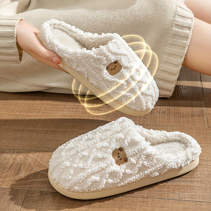 Cute Bear Pattern Plush Winter Slippers - Cozy and Warm Slip-On Flat Fuzzy Shoes, Comfortable Home and Bedroom Slippers