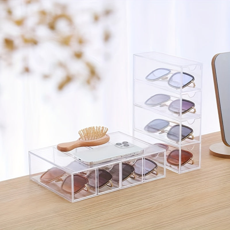 4 Tier Acrylic Sunglass Display Case with Drawers - Clear, Hard Eyeglass Organizer Box for Women, Stackable Storage for Eyewear Collection