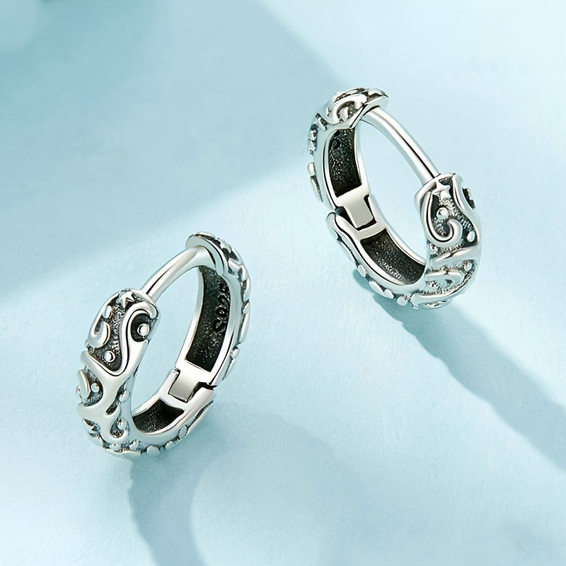 Pretty Vintage Pattern Hoop Earrings - 925 Sterling Silver, Hypoallergenic Elegant Jewelry for Women, Party Style