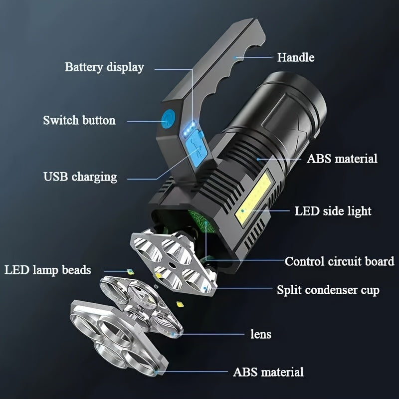 Quad-Core LED Flashlight - Ultra Bright, Rechargeable, Portable Torch for Camping and Outdoor Use - USB Powered & Water-Resistant