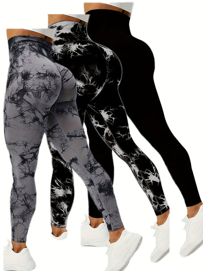 3pcs Vibrant Tie Dye High Waist Sports Leggings - Ultra-Comfortable, Sweat-Wicking, Four-Way Stretch - Wide Waistband for Yoga, Running, Workout, Activewear Essentials