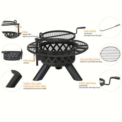 Large Round Wood Burning Fire Pit – Backyard BBQ Grill with Cooking Grate, Durable Black Finish, Outdoor Gathering Centerpiece for Camping, Patio, Garden