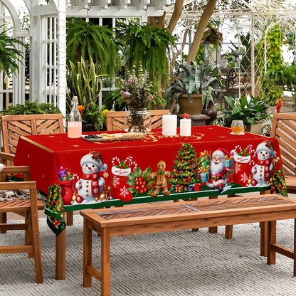 Merry Christmas Tablecloth - Waterproof and Stain-Resistant Polyester with Red and Golden Stars, Santa, Tree, Gingerbread and Snowman Designs, Ideal for Holiday Dining and Decor