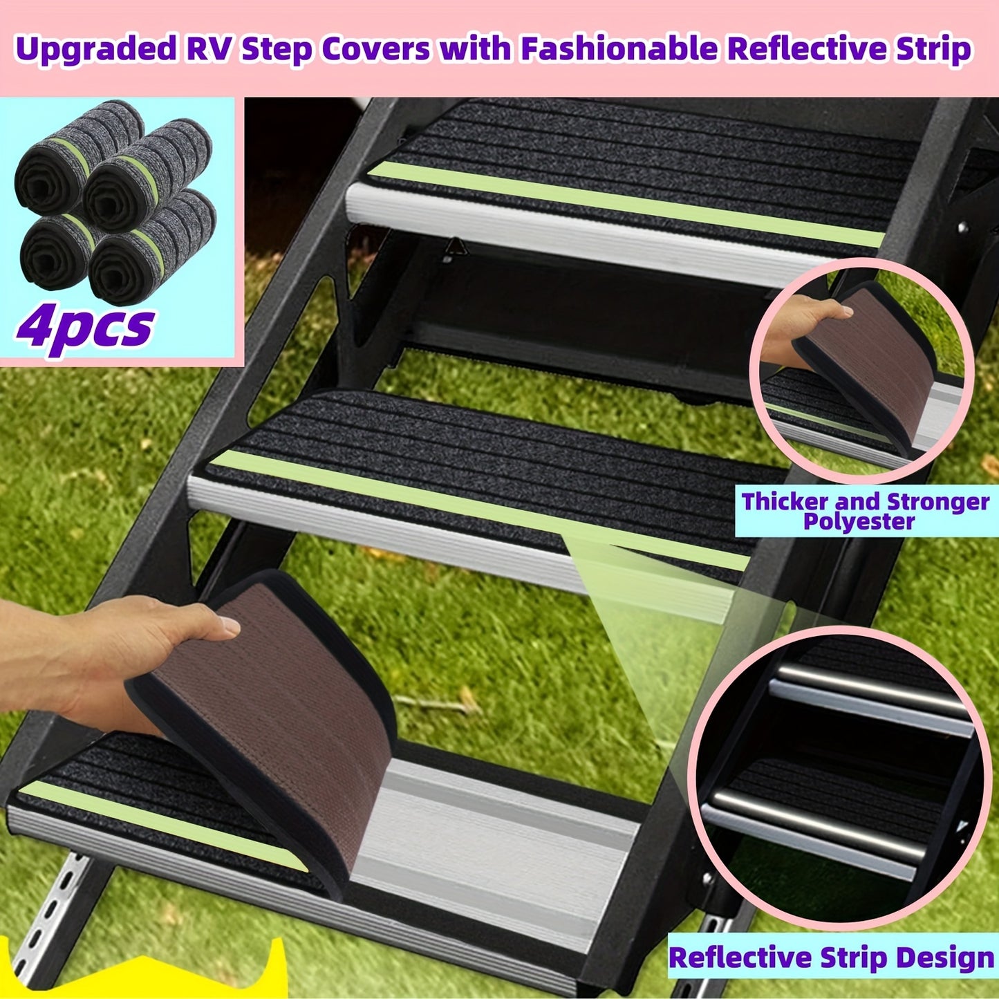 4 Pack Premium RV Step Covers with Reflective Strip – Durable, Slip-Resistant, Water-Repellent Camper Stair Rugs for Travel Trailers – Easy to Install, Black