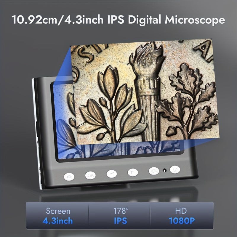 1000X HD 1080P Digital Microscope - 4.3'' Screen with 8 LEDs, Windows Compatible, Ideal for Coin Collection and Inspection