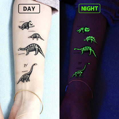 10 Sheets Luminous Dinosaurs Temporary Tattoos - Glow in the Dark T-Rex, Pterosaur, Velociraptor, Triceratops, Stegosaur Designs, Ideal for Dinosaur Birthday Parties and Stocking Stuffers