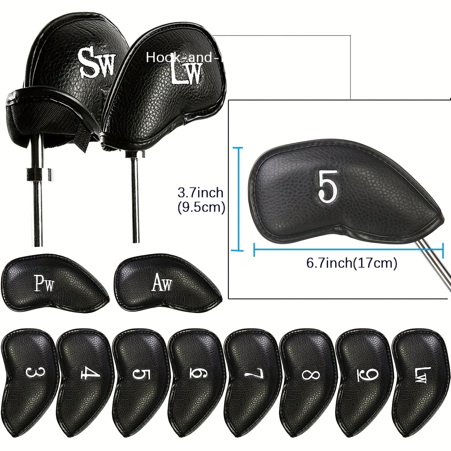 12pcs PU Leather Golf Club Head Covers with Letter Printing and Embroidered Design, Hook and Loop Fastener