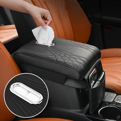 Car Central Armrest Box Pad - PU Leather Memory Cotton Heightening Pad with Tissue Box and Storage Bag