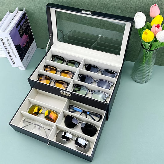 Elegant Dual-Layer 12-Slot Sunglass Storage Case - PU Leather, Metal Clasp, Large Capacity Organizer for Glasses and Jewelry - Black Display Box for Men and Women