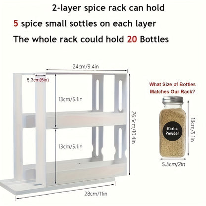 2-Tier Rotating Spice Rack - Large Capacity Kitchen Organizer for Countertops and Cabinets - Multi-Functional Pull-Out Storage Shelf