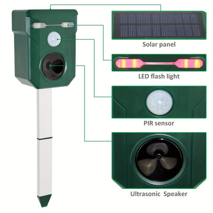 Ultrasonic Animal Repeller - Solar-Powered Outdoor Deterrent with Motion & Light Sensor, Flashing LED Lights, Siren | Repels Cats, Dogs, Deer, Raccoons, Birds, Skunks, Squirrels, Rabbits