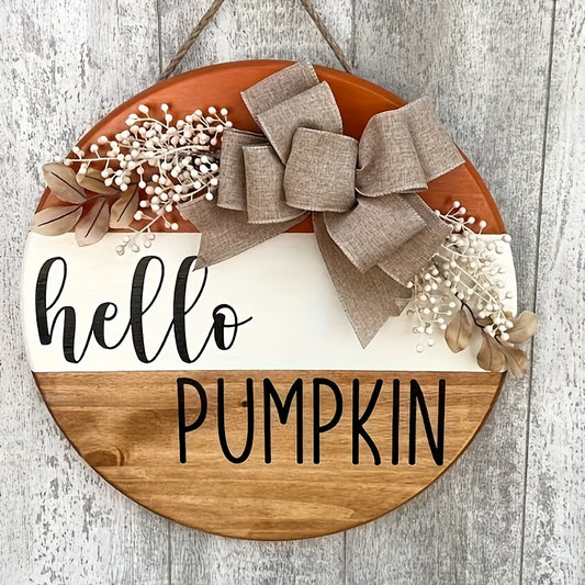 Rustic Wooden Hello Pumpkin Sign – Round Autumn Door Hanger with Bow and Foliage for Fall Harvest Home Decor