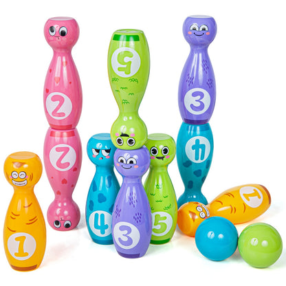 10-Bottle Bowling Toy Set with Cartoon Expressions - Includes 2 Balls and Durable Gift Box, Exquisite Pad Printing, Ideal for Halloween and Christmas Gifts