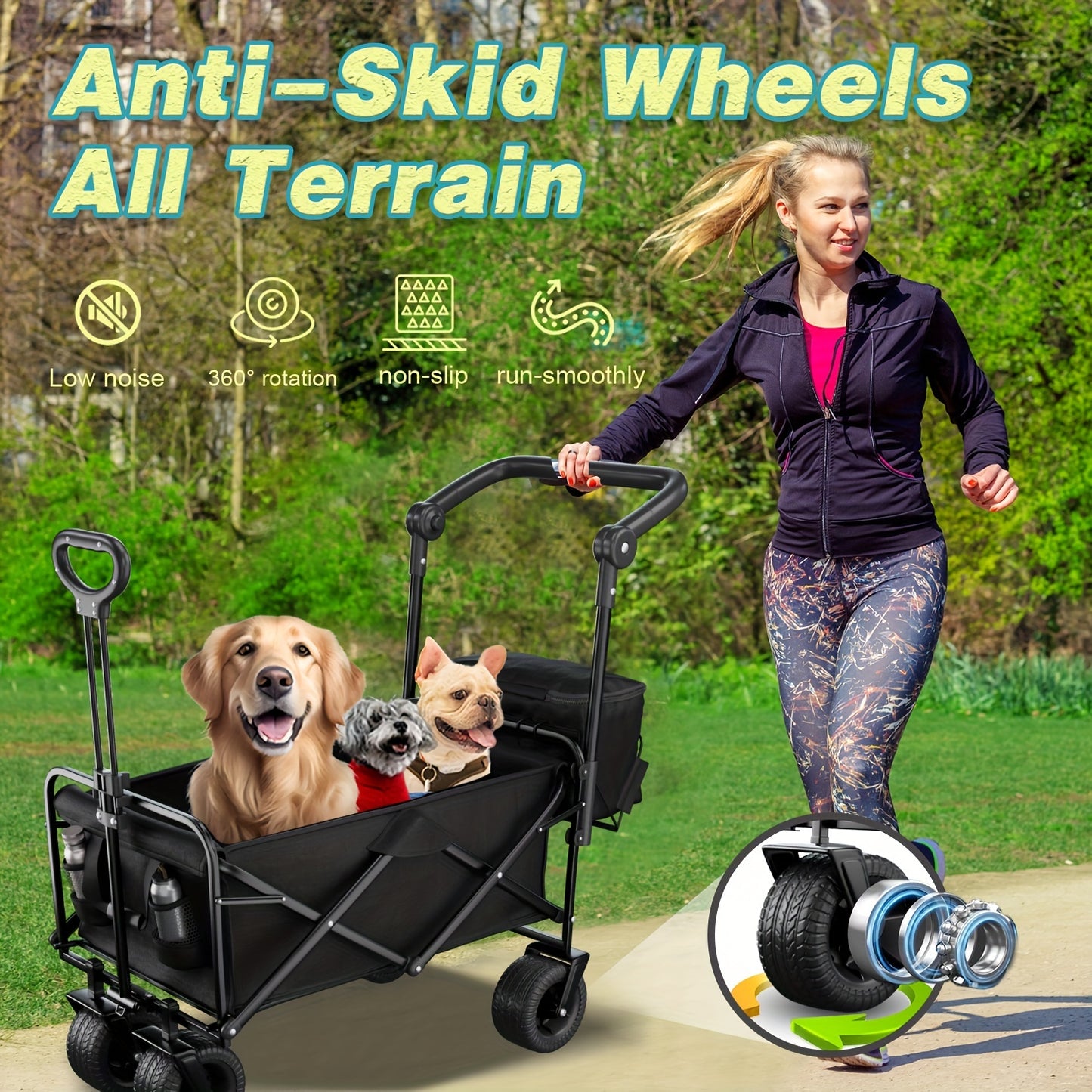 330LBS Capacity Foldable Collapsible Portable Wagon Cart – Extra Large Pet Cart/Stroller with 180° Adjustable Pushrod, 360° All-Terrain Wheels, and Waterproof Bag for Garden, Camping, and Shopping