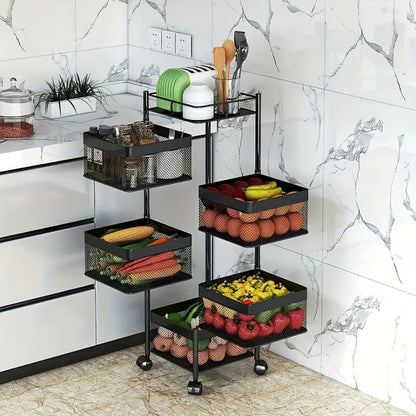 5 Tier Rotating Kitchen Storage Shelf - Metal Fruit and Vegetable Basket Rack on Wheels, Floor-Standing Multi-Layer Storage Trolley for Kitchen and Bathroom