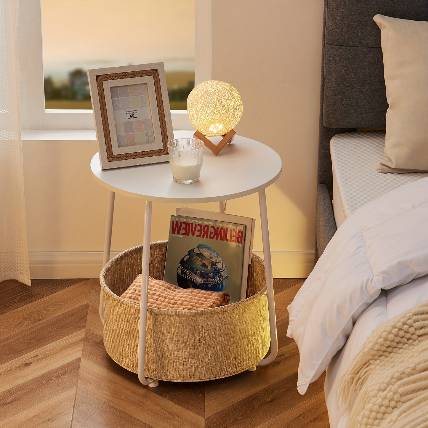 Modern Small Round Side Table with Fabric Basket - Versatile Bedside Table for Living Room and Bedroom