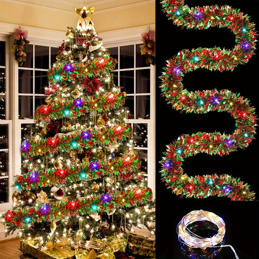 Dingion 16 Ft Christmas Tinsel Garland with LED Lights – Metallic Shiny Hanging Decorations for Indoor and Outdoor Xmas Party ( Batteries Not Included )